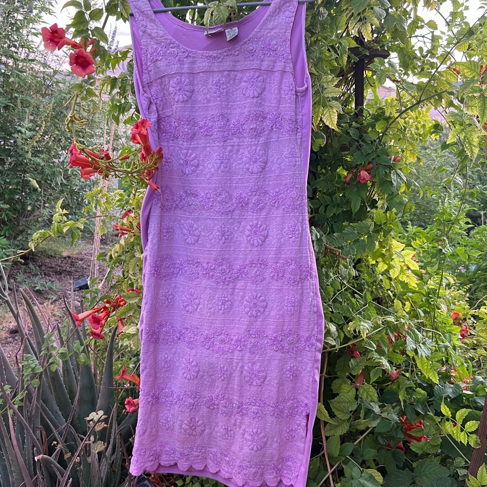 Beaded Cotton and Lace Lilac Purple Midi Dress